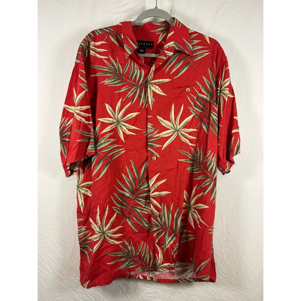 Consensus Sportswear Mens Large Red Tropical Palm Leaf Rayon Button‎ Up Shirt